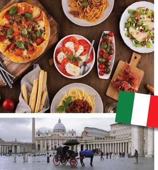 Zdjęcie obrazujące pierwszą kulinarną podróż do Włoch - tradycyjne włoskie jedzenie, flagę i architekturę tego kraju.