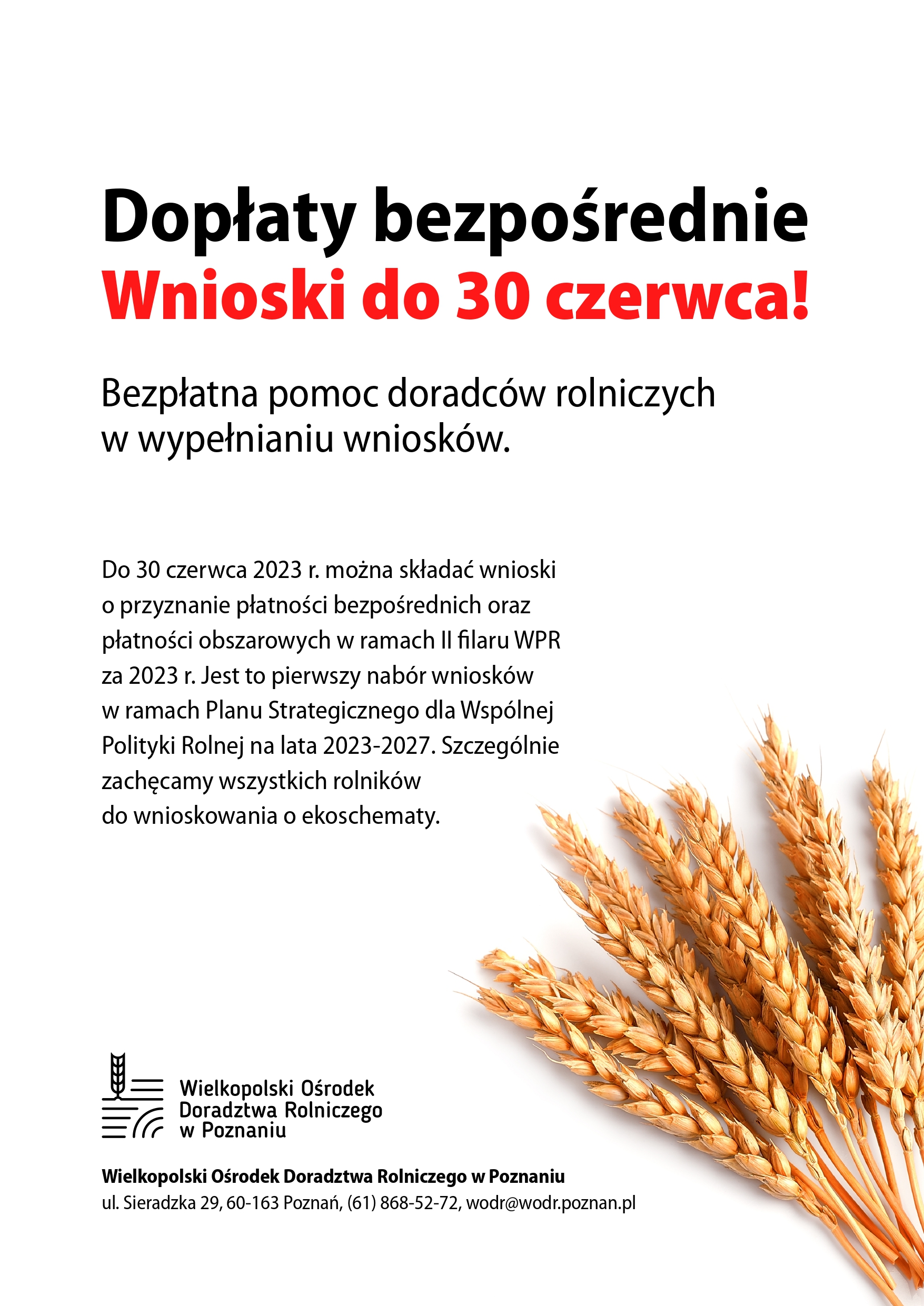 plakat - dopłaty bezpośrednie - wnioski do 30 czerwca