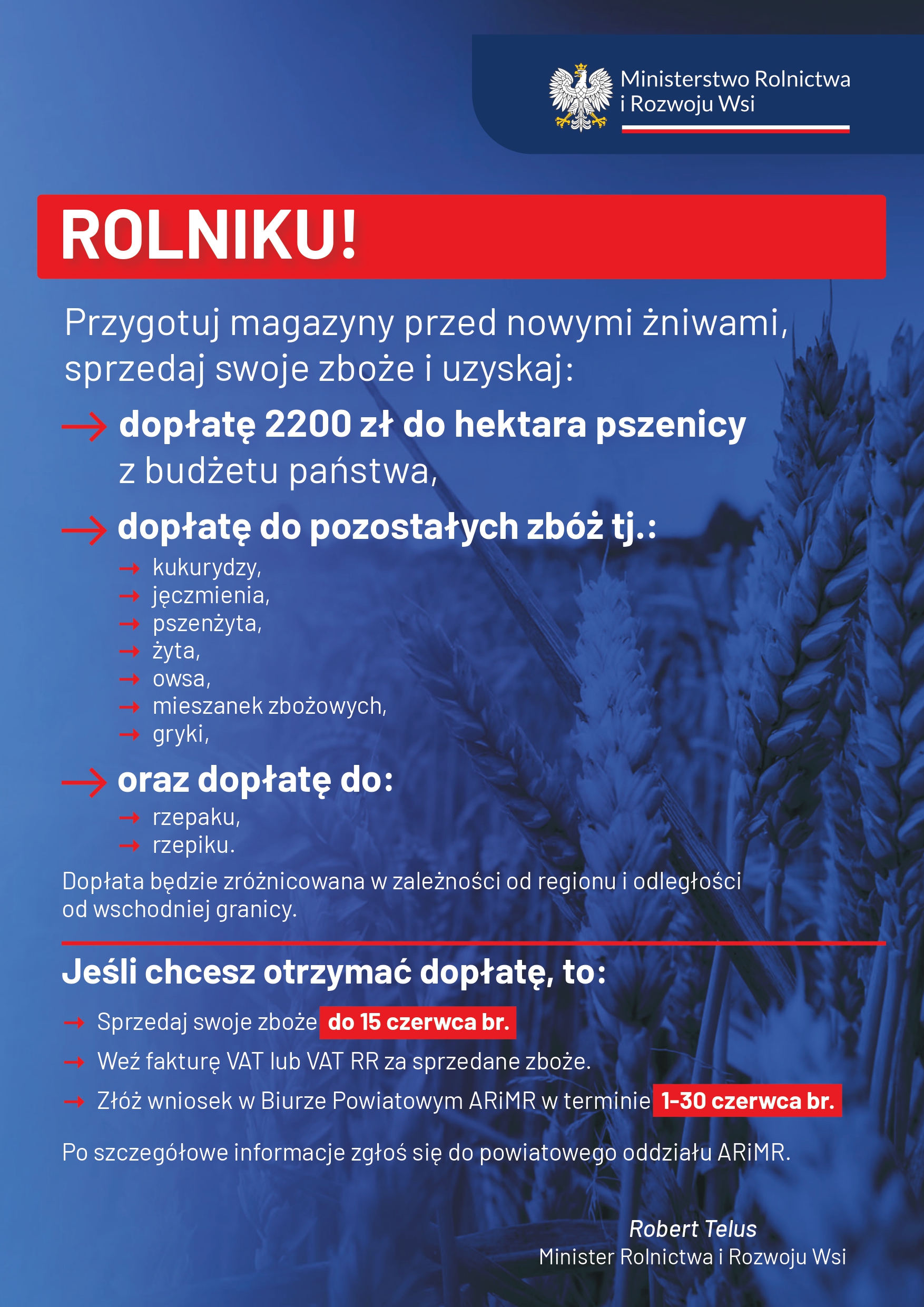 plakat - dopłaty przed żniwami