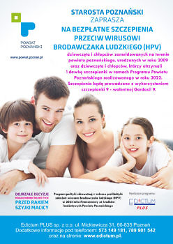 Plakat z zapowiedzią programu szczepień, na głównym planie leży rodzina - rodzina z chłopcem i dziewczynką