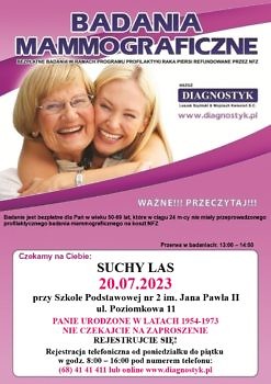 plakat informacyjny - mammografia Sucha Las 20.07.2023