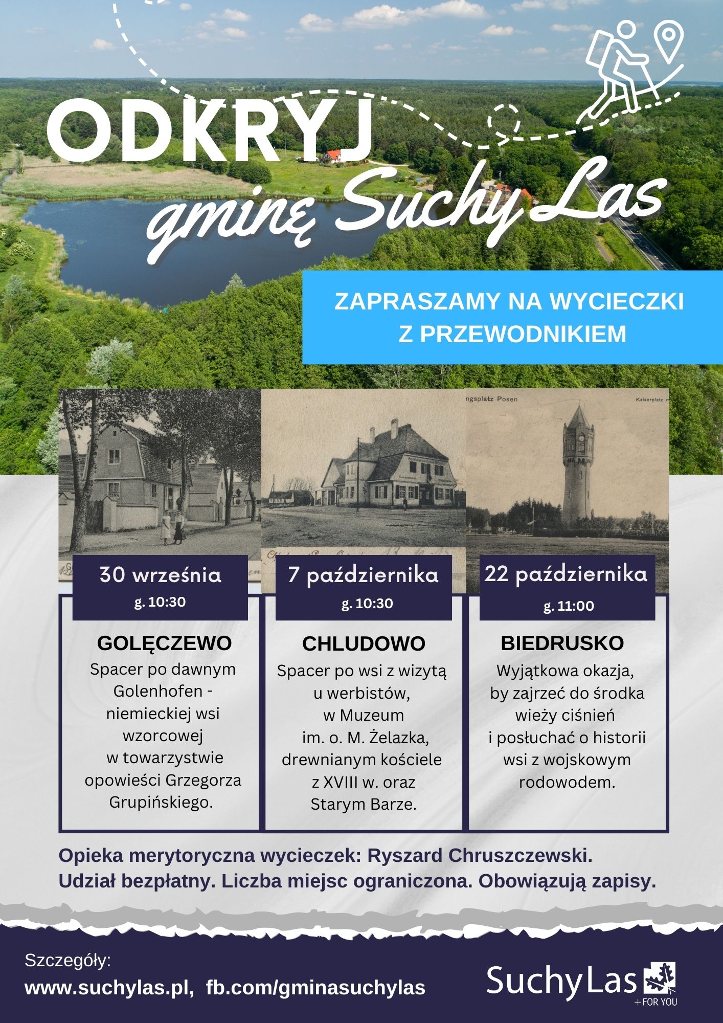 plakat akcji "Odkryj gminę Suchy Las", 30 wrzęsnia Golęczewo, 2 października Chludowo, 22 października Biedrusko