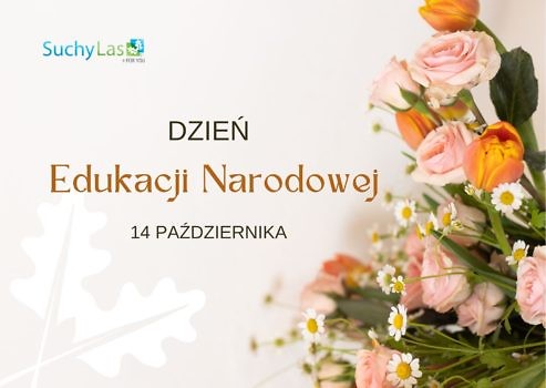 Kartka z kwiatami i napisem Dzień edukacji Narodowej 14 października i logo gminy Suchy Las.