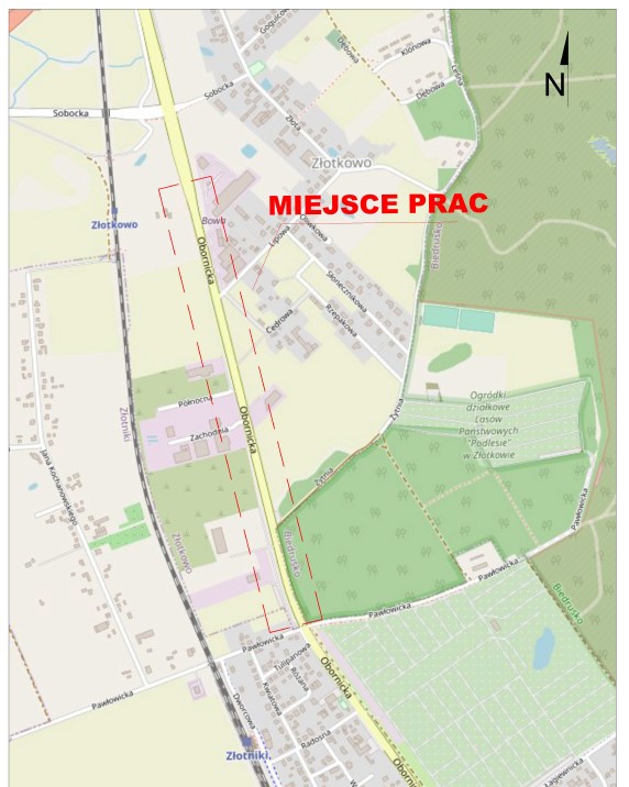 mapa z zaznaczonym odcinkiem ul. Obornickiej w Złotkowie na odcinki od ul. Żytniej do Lipowej, gdzie 23 listopada będzie obowiązywał ruch wahadłowy