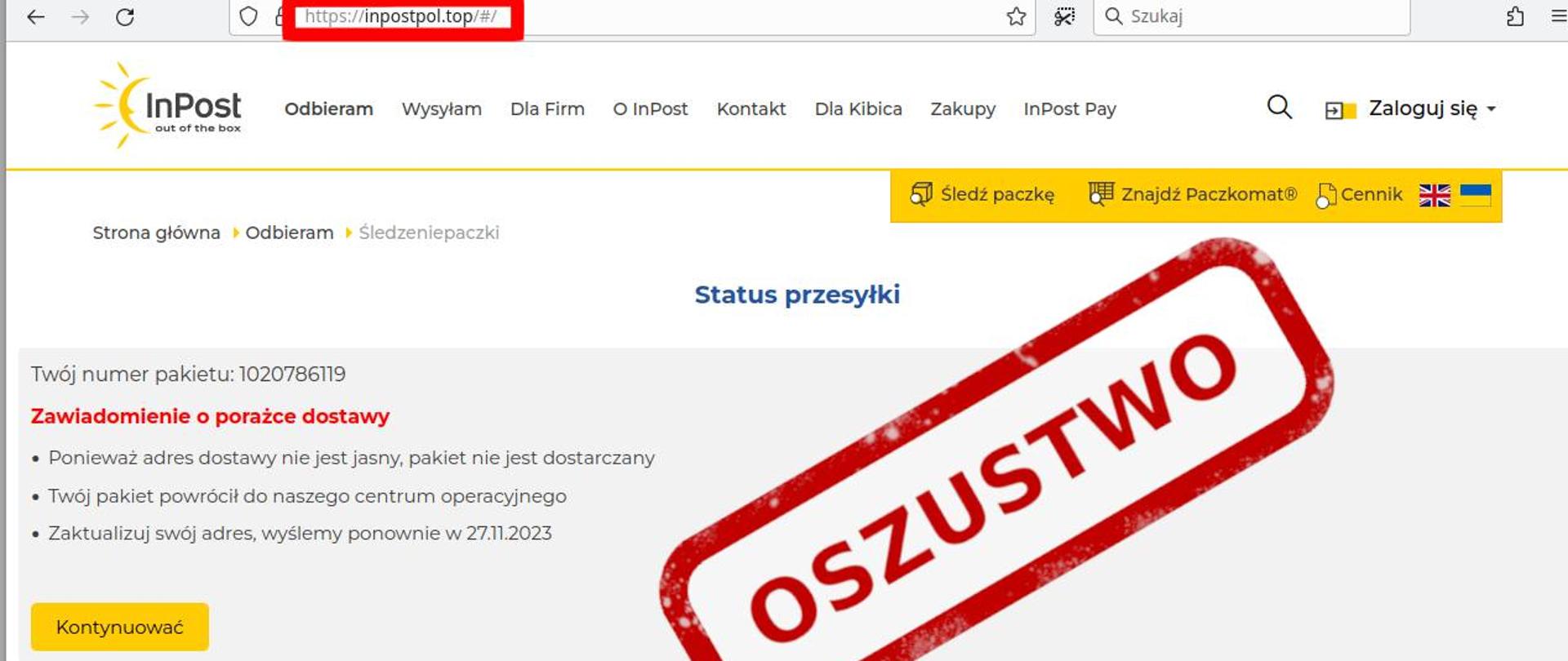 Zdjęcie fałszywej strony internetowej wykorzystującej wizerunek firmy InPost, po prawej stronie napis "Oszustwo"