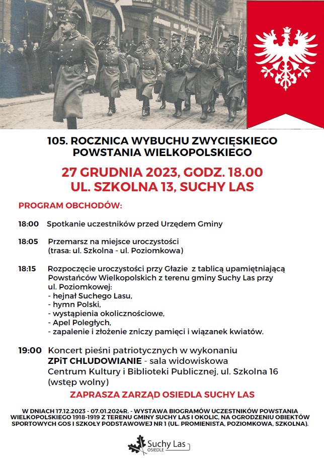 Plakat informujący o obchodach rocznicowych wybuchu powstania w Suchym Lesie.