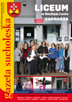 Okładka Gazety Sucholeskiej z grupą młodzieży i nauczycieli na zdjeciu głównym.
