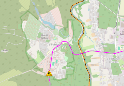 Mapa z zaznaczonym miejscem robót w Biedrusku.