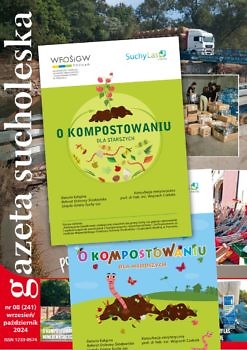 Okładki książeczki edukacyjnej "O kompostowaniu" na tle okładki "Gazety Sucholeskiej"