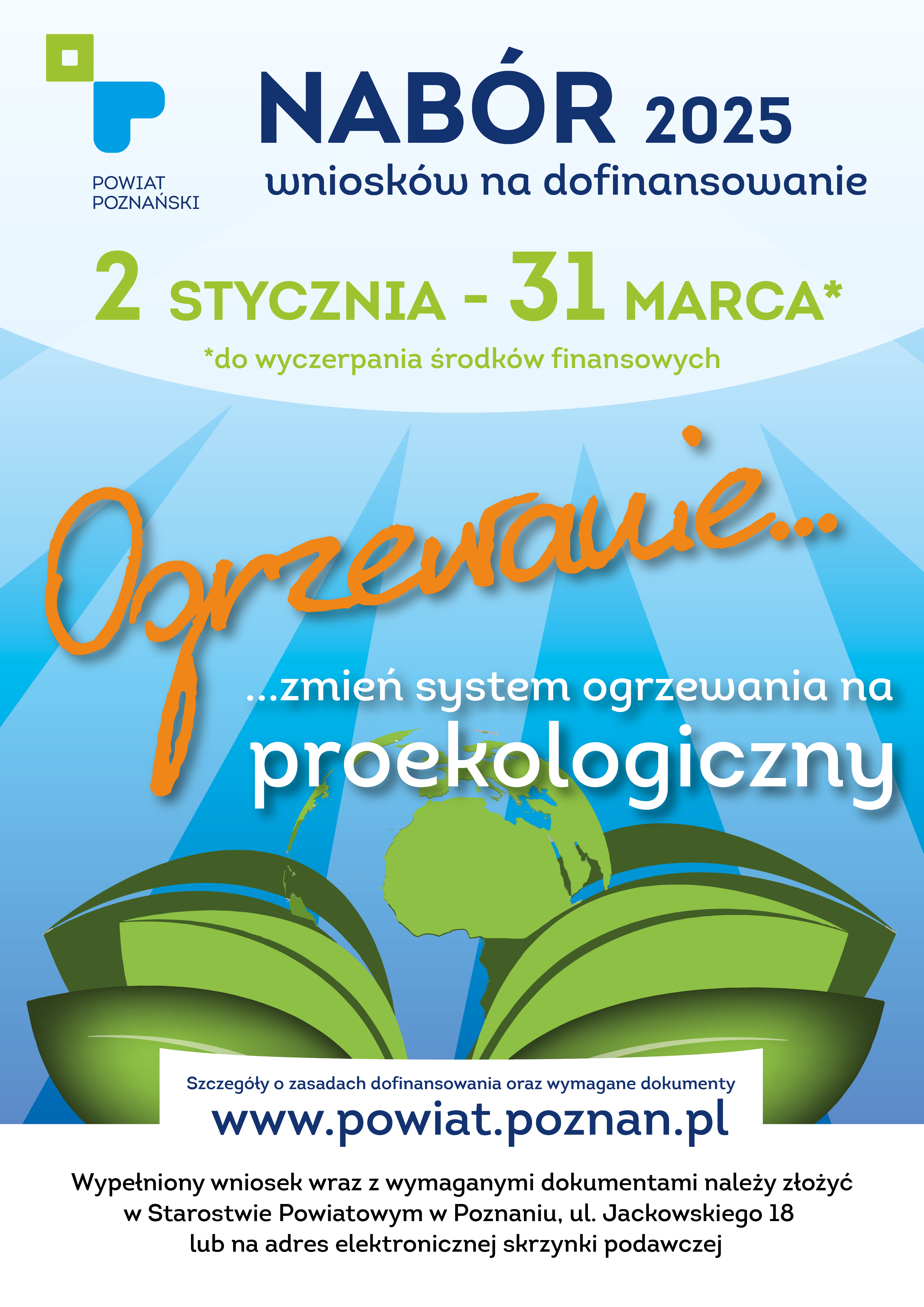 Plakat informujący o wymianie źródeł ogrzewania na proekologiczne z dofinansowaniem. 