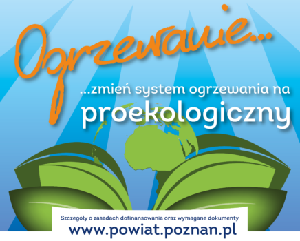 plakat niebiesko - zielony z liśćmi informujący o możliwości uzyskania dofinansowania na proekologiczne ogrzewanie.