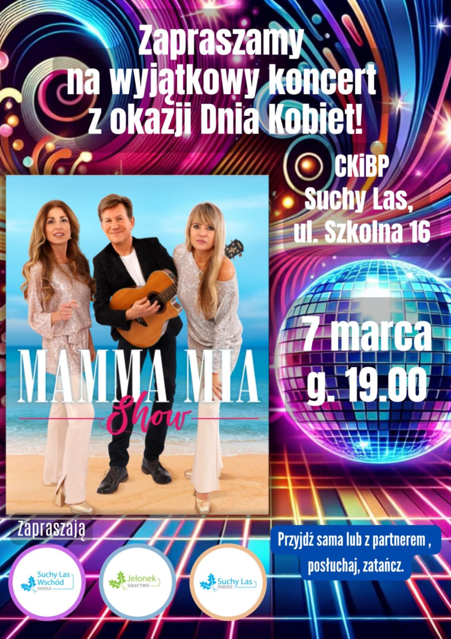plakat do wydarzenia ze zdjęciem wykonawców, dwie kobiety i mężczyzna z gitarą