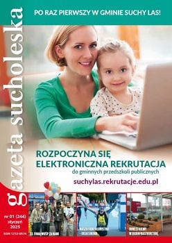 Okładka styczniowego wydania Gazety Sucholeskiej z matką i dzieckiem siedzącymi przed komputerem.