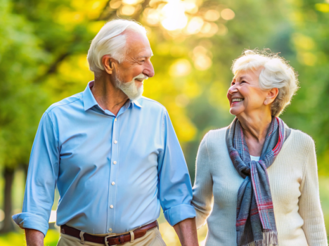 Seniorka i senior idący, trzymający się za ręce i patrzący na siebie.