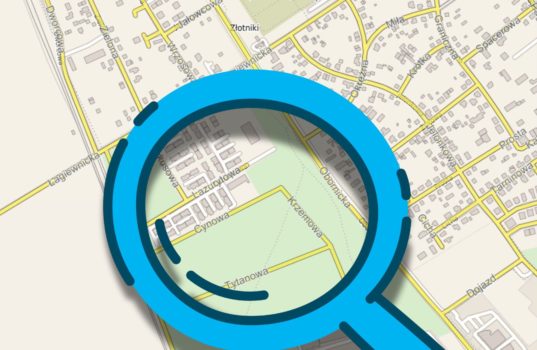 Mapa ulic w Złotnikach z powiększeniem lupą na te objęte inwestycją.
