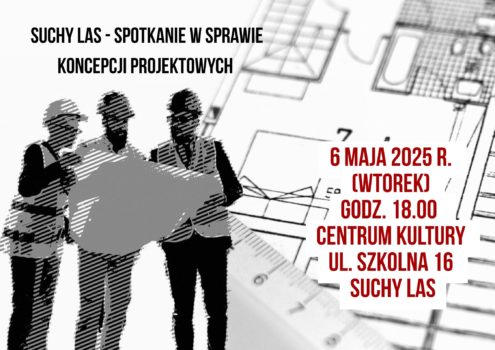 Grafika informująca o spotkaniu w tle mapa - projekt. Na pierwszym planie budowlańcy z mapą w ręku/