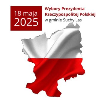 Plakat przedstawiający zarys mapy gminy w biało-czerwonych barwach.