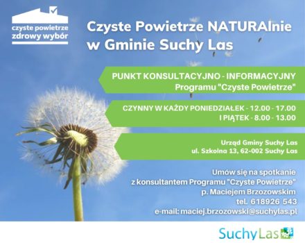 Informacja o funkcjonowaniu programu czyste powietrze na tle nieba i dmuchawca.