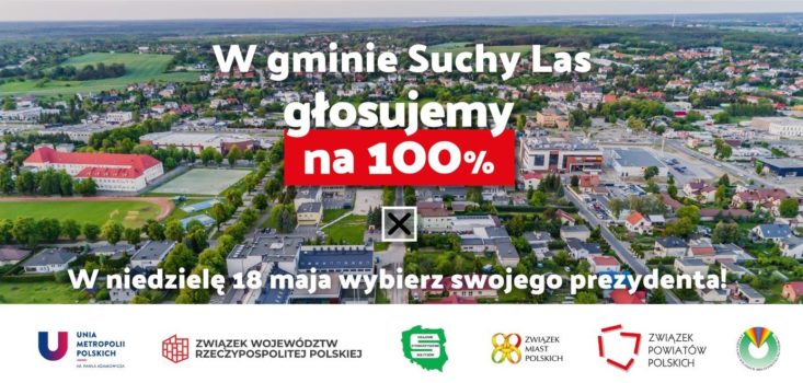 Baner ze zdjęciem lotniczym, napisem w gminie Suchy Las głosujemy na sto procent.