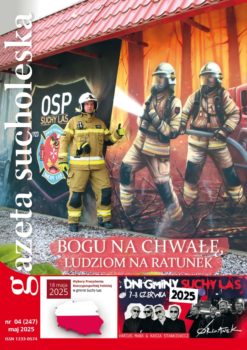 Okładka majowego wydania Gazety sucholeskiej ze strażakiem.