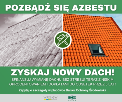 Plakat obrazujący dwa dachy - jeden z azbestu, drugi nowy z dachówką.
