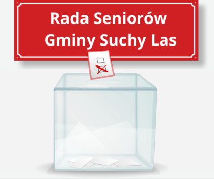 Rada Seniorów Gminy Suchy Las - tablica, na przodzie urna wyborcza.
