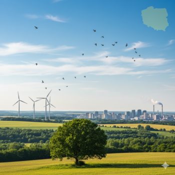 Zdjęcie poglądowe. Pejzaż z drzewem w tle turbiny, bloki i dymiące kominy oraz latające ptaki.