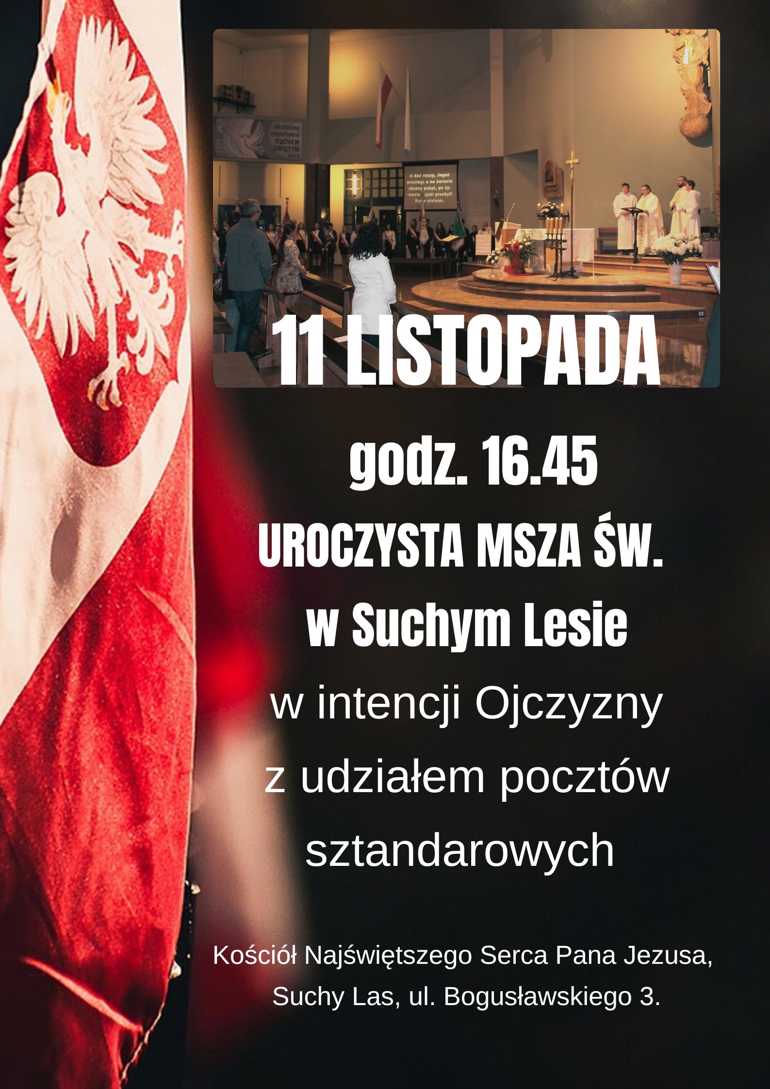 Plakat informujący o mszy św. w Suchym Lesie.