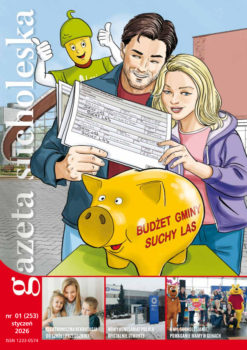 Okładka Gazety Sucholeskiej wydanie styczniowe. Na okładce komiksowy rysunek pary ludzi, Lesia i świnki skarbonki.