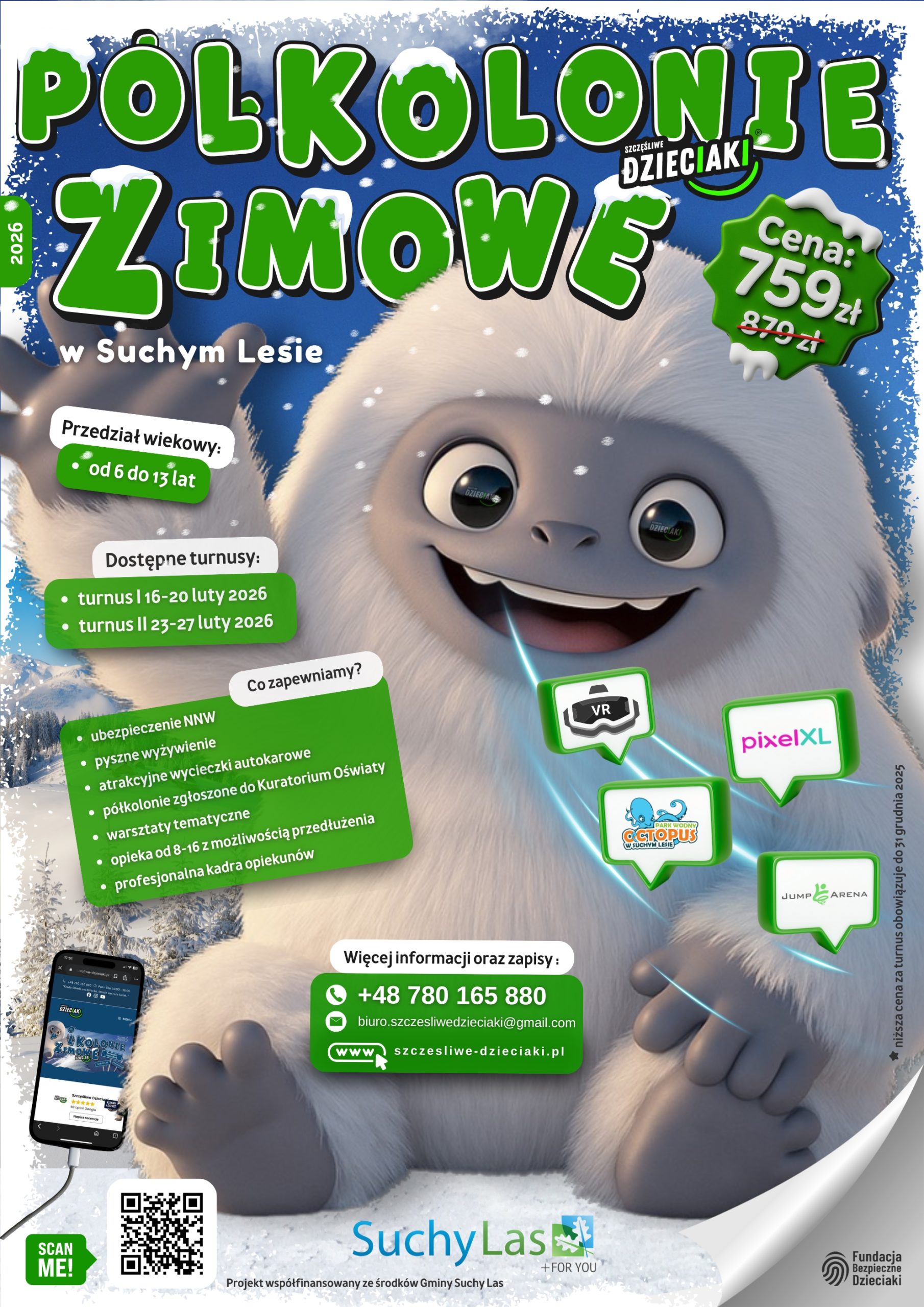 Plakat informujący o półkoloniach organizowanych przez Fundację Szczęśliwe Dzieciaki. 