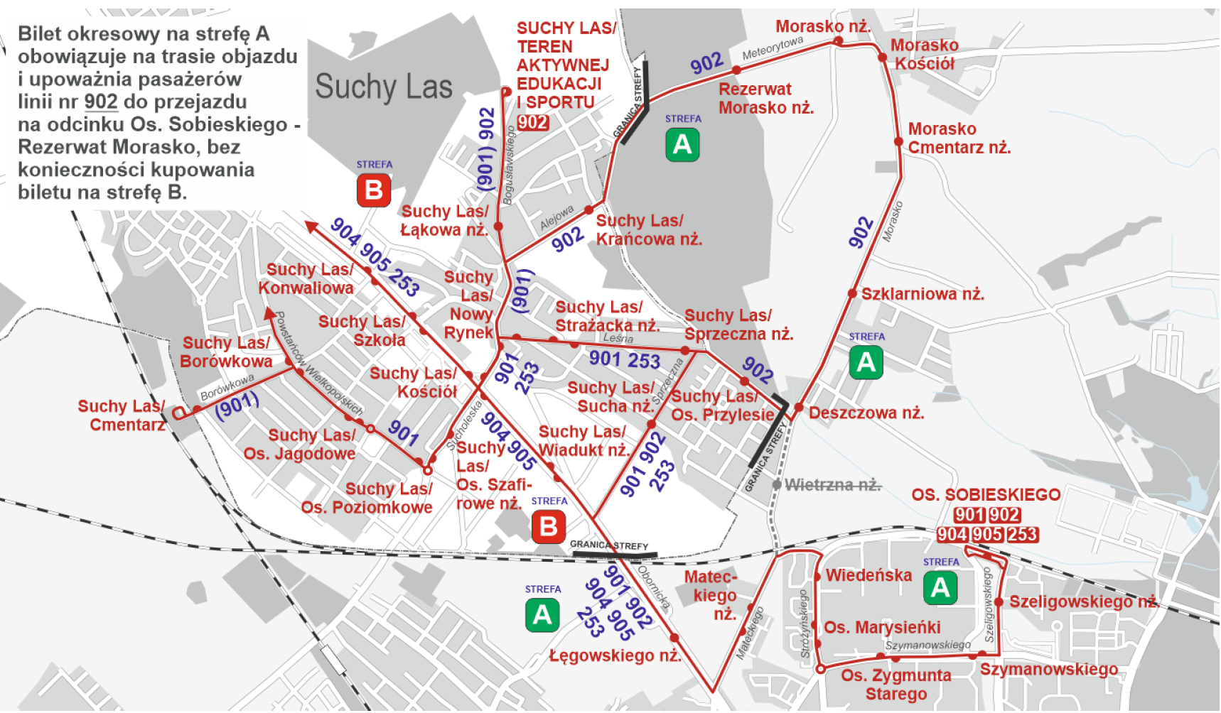 Mapa z naniesionymi zmianami tras autobusów. 