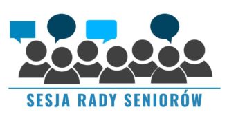 Grafika przedstawiająca ludzi, dymki tekstowe i napis Sesja rady seniorów.