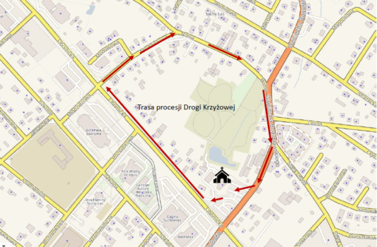 Mapa z zaznaczonym przejściem drogi krzyżowej. 
