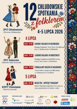 Plakat informujący o wydarzeniu w stylu folkowym, czyli z obrazkami par ubranych w regionalne stroje.