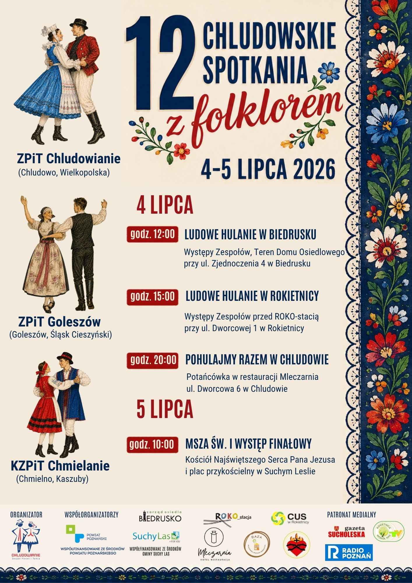 Plakat informujący o wydarzeniu w stylu folkowym, czyli z obrazkami par ubranych w regionalne stroje.
