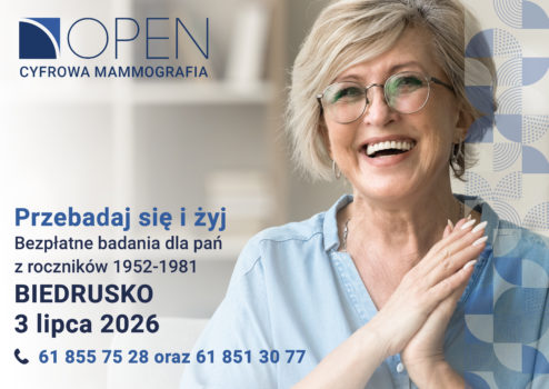 Plakat informujący o badaniach z kobietą na pierwszym planie.
