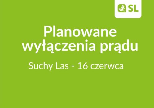 Zielona plansza z uproszczonym logo gminy i napisem planowane wyłączenia prądu