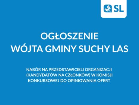 Plansza niebieska z logotypem gminy napisem ogłoszenia i tytułem ogłoszenia.