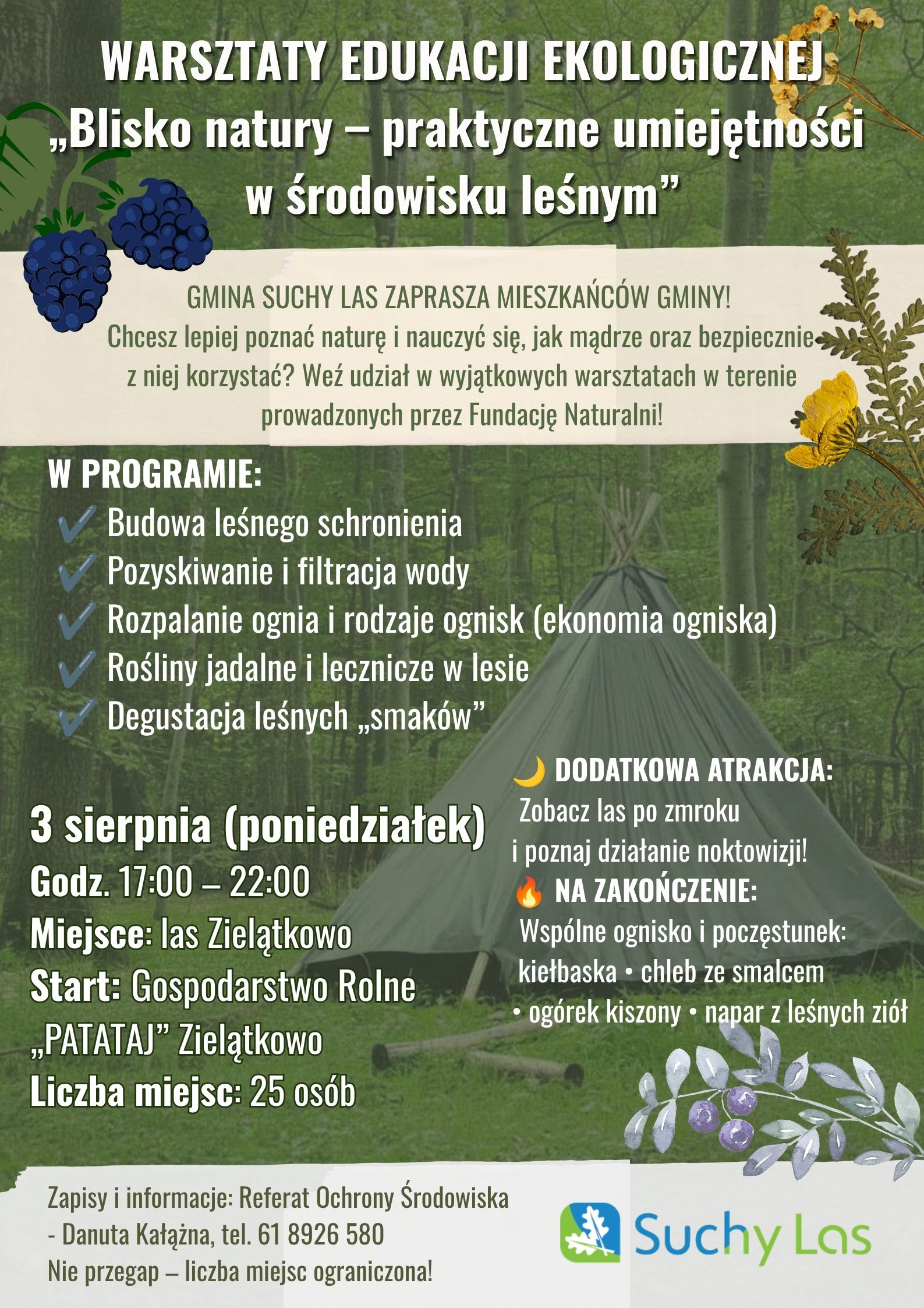 Plakat informujący o warsztatach w tonacji zielonej w tle z szałasem w lesie.